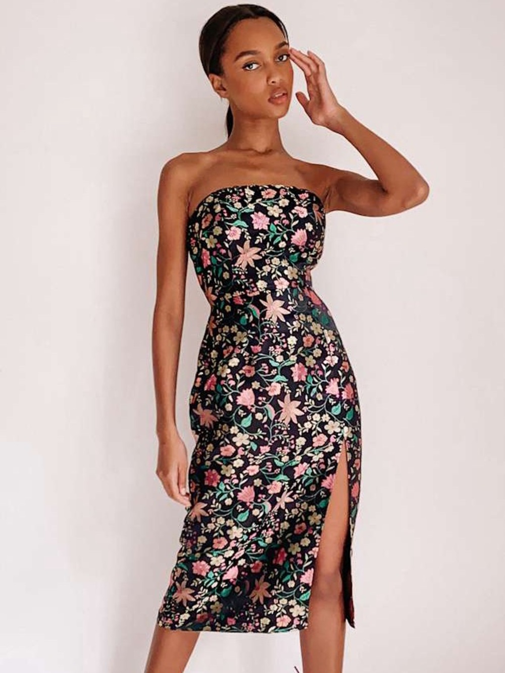 New Lulus Sz XS Make a Move Black Satin Floral Jacquard Strapless Midi Dress